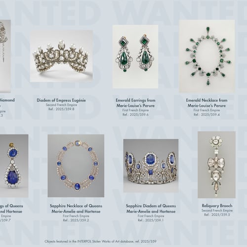 This photo provided Thursday Oct. 23, 2025 by Interpol and taken from its website shows the jewels stolen in the Louvre museum on Sunday Oct.19, 2025 in Paris. (Interpol via AP)