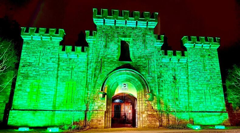 The facade of the Georgia Southern University Wexford learning center is bathed in green light ahead of St. Patrick's Day. In 2019, the school opened the classroom facility on its Irish campus in a shuttered 19th-century municipal building. (Photo courtesy of Georgia Southern University)