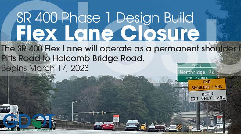 Beginning March 17, the flex lane from Pitts Road to Holcomb Bridge Road in Sandy Springs will become a permanent shoulder. COURTESY CITY OF SANDY SPRINGS