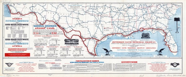 This map of the Jefferson Davis Memorial Highway was published by the National Highways Association in 1916. The highway was conceived by the United Daughters of the Confederacy in 1913 and eventually ran all the way up to Washington state’s border with Canada, incorporating spurs, including ones to Atlanta and Richmond. In 1925, a new government numbering system made highway names such as this obsolete.