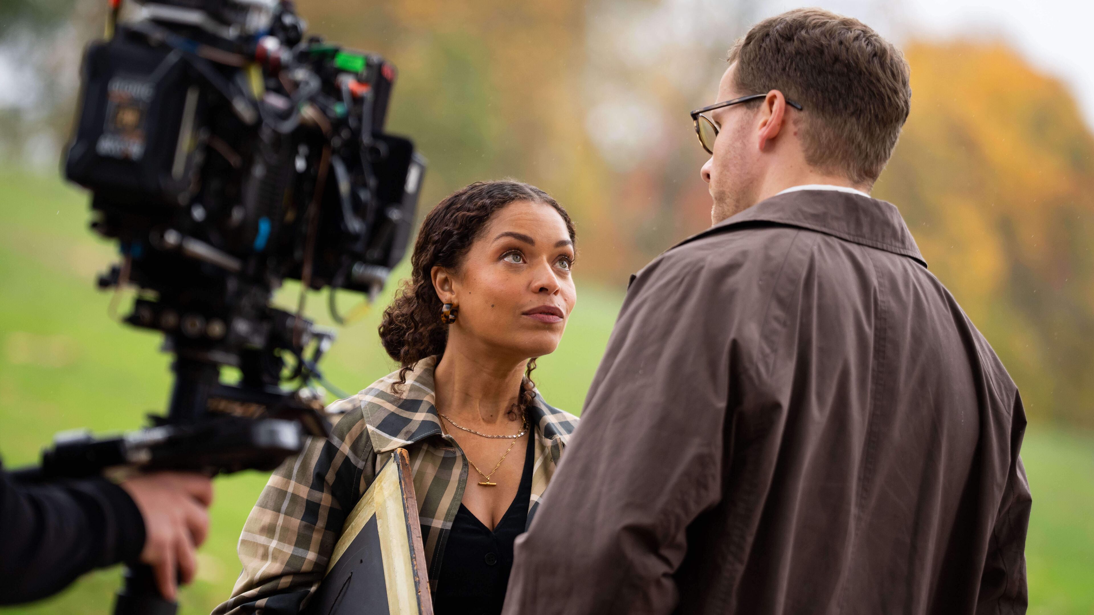 Antonia Thomas, left, and and Josh Dylan appear on the set of the Agatha Christie series "Tommy & Tuppence" in Beaconsfield, England on Wednesday, Oct. 29, 2025. (Photo by Scott A Garfitt/Invision/AP)