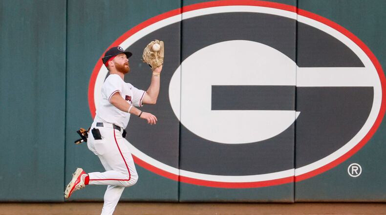 Georgia Bulldogs centerfielder Dion Carter (1) grabs a fly during the sixth inning against the Florida Gators at Foley Field on Tuesday, May 16, 2024, in Athens.
(Miguel Martinez / AJC)