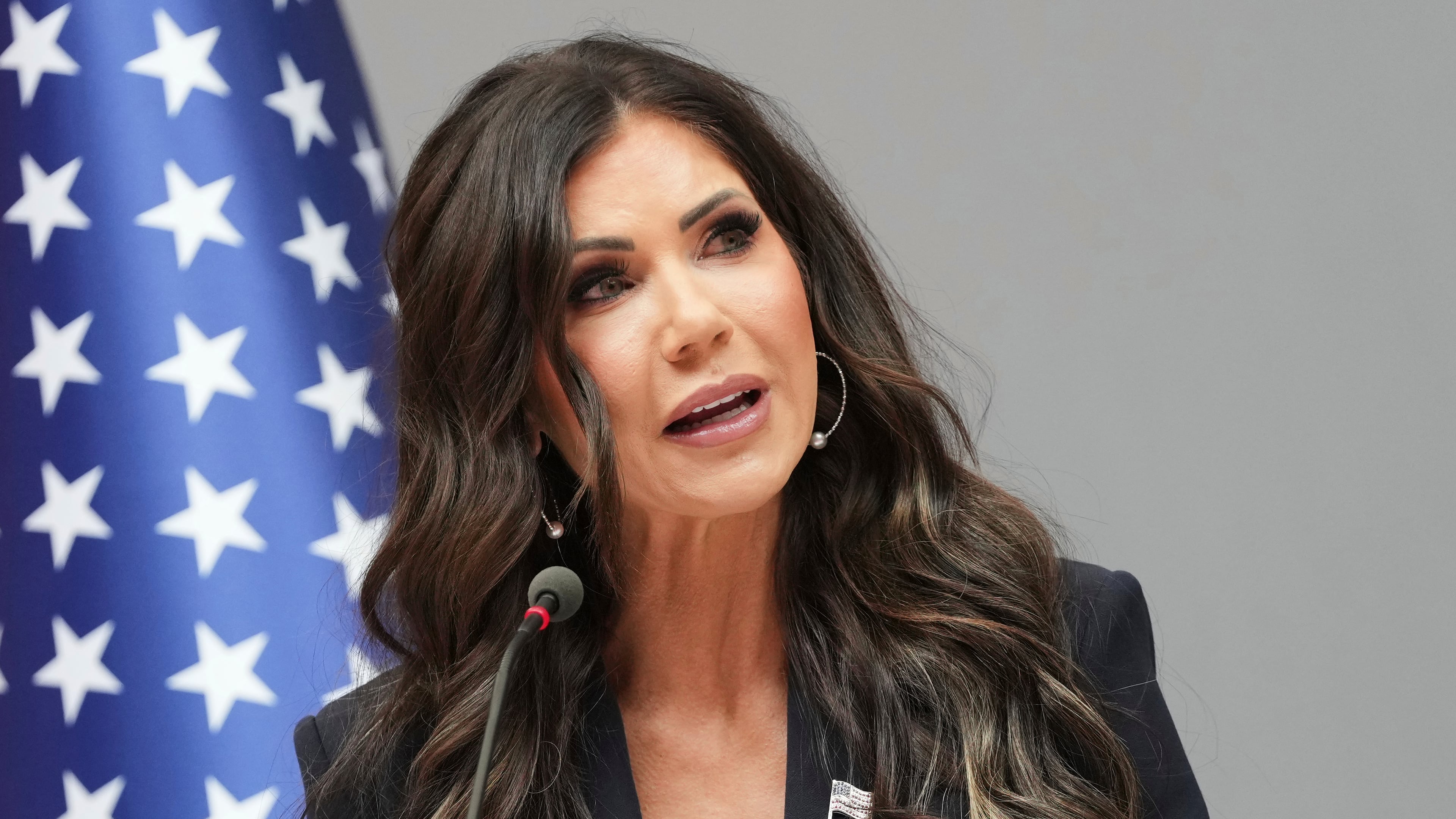 United States Secretary of Homeland Security Kristi Noem addresses the media during a visit to the Port of Antwerp in Antwerp, Belgium, Wednesday, Sept. 10, 2025. (AP Photo/Virginia Mayo)