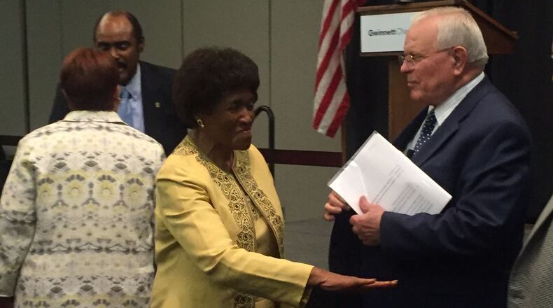 Former educator Beauty Baldwin is seen with Gwinnett County Public Schools Superintendent J. Alvin Wilbanks in this file photo.