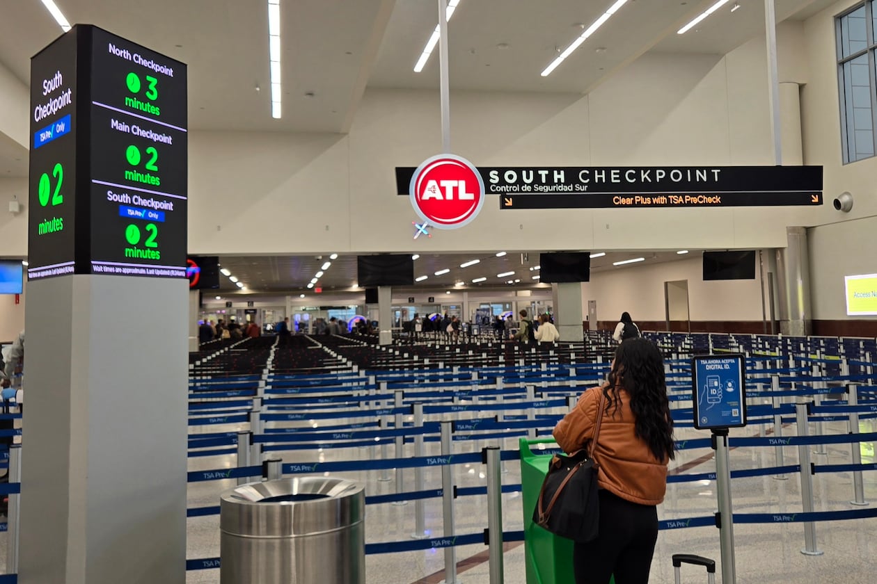 Wait times at TSA security checkpoints at Hartsfield-Jackson Atlanta International Airport hovered around 10 minutes or less Sunday, Nov. 30, 2025, which was projected to be the busiest security day of the year. (Maya T. Prabhu/AJC)