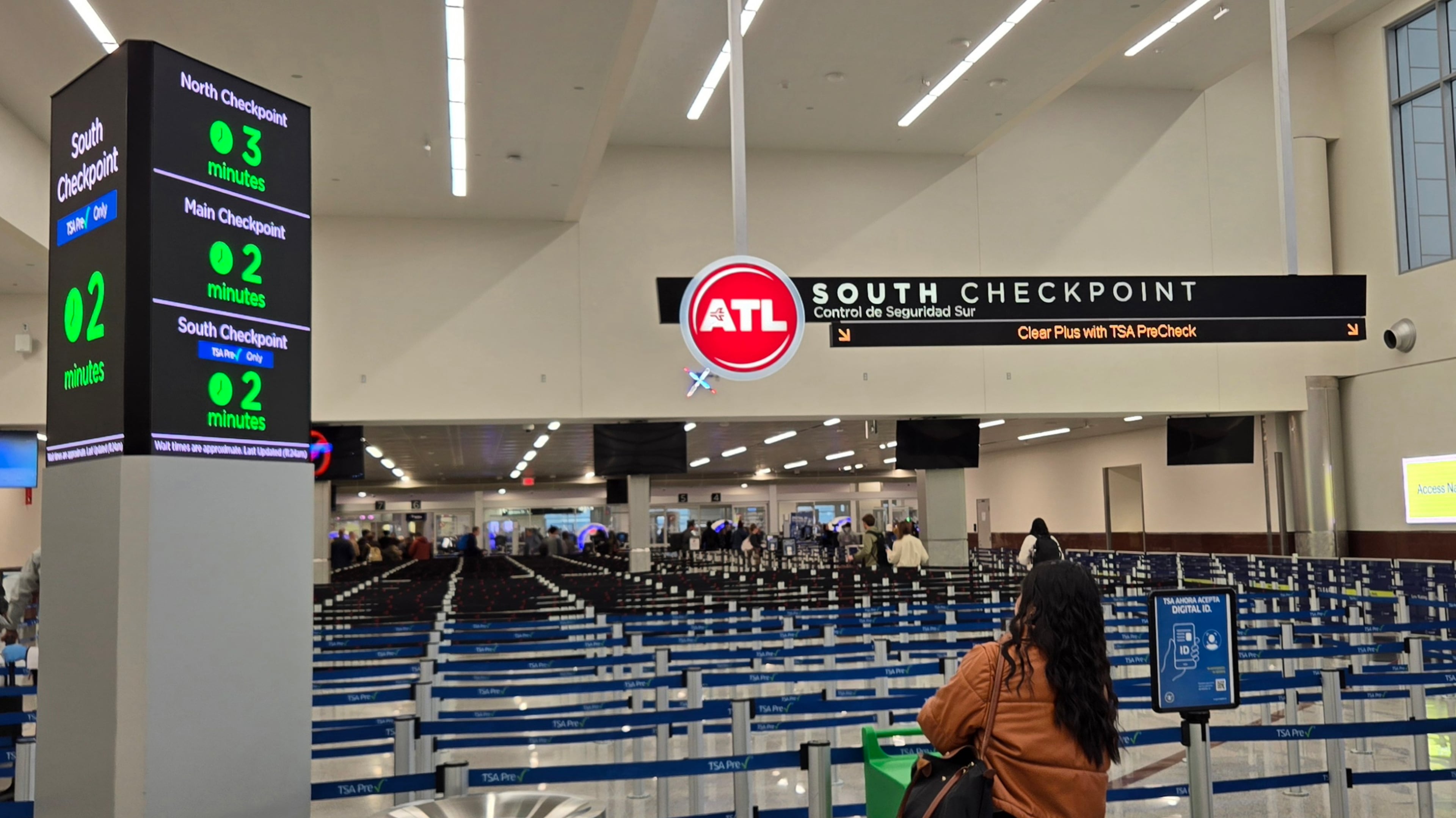 Wait times at TSA security checkpoints at Hartsfield-Jackson Atlanta International Airport hovered around 10 minutes or less Sunday, Nov. 30, 2025, which was projected to be the busiest security day of the year. (Maya T. Prabhu/AJC)
