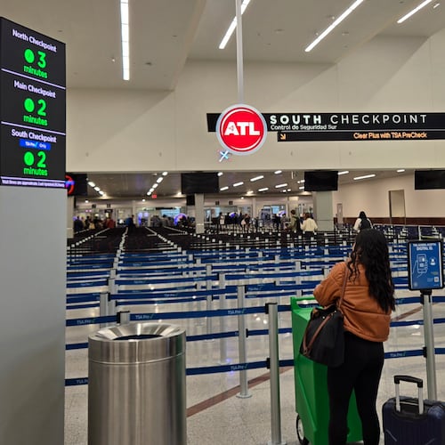 Wait times at TSA security checkpoints at Hartsfield-Jackson Atlanta International Airport hovered around 10 minutes or less Sunday, Nov. 30, 2025, which was projected to be the busiest security day of the year. (Maya T. Prabhu/AJC)
