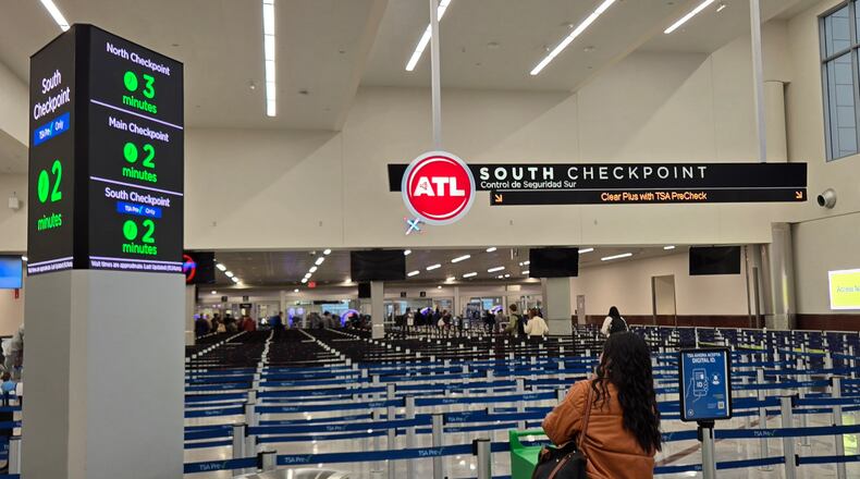 Wait times at TSA security checkpoints at Hartsfield-Jackson Atlanta International Airport hovered around 10 minutes or less Sunday, Nov. 30, 2025, which was projected to be the busiest security day of the year. (Maya T. Prabhu/AJC)