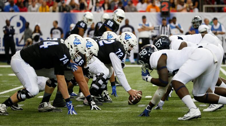 Georgia State Panthers offensive lineman Gabe Mobley (72) prepares to hike the ball against Georgia Southern at the Georgia Dome Saturday November 19, 2016, in Atlanta, Ga. PHOTO / JASON GETZ