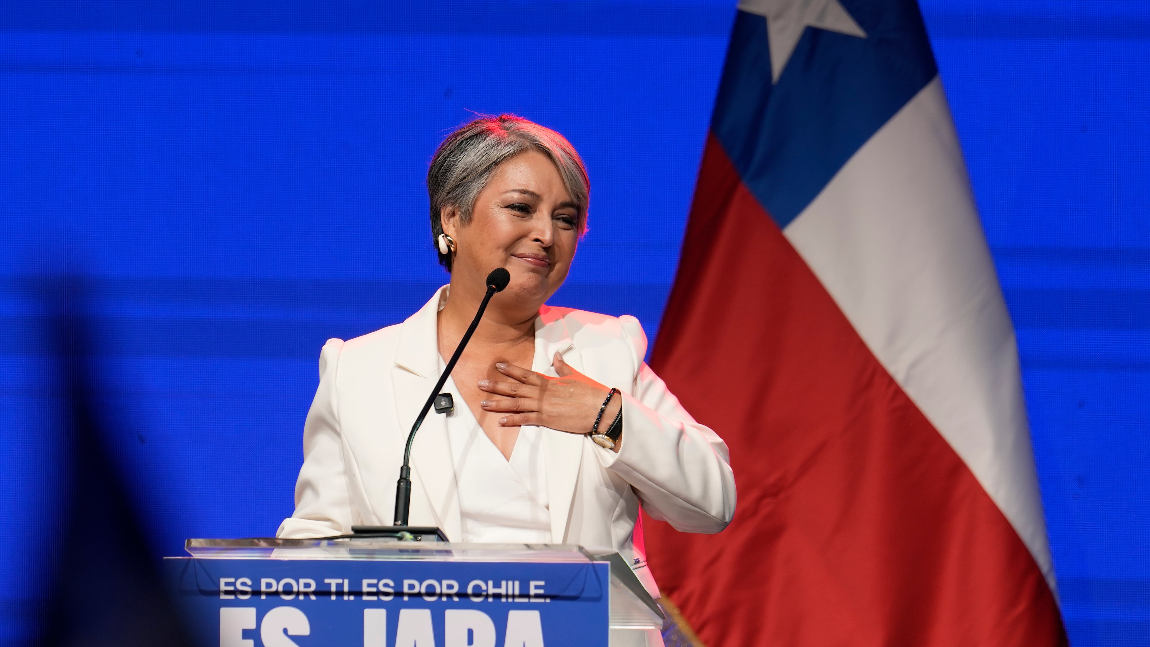 Presidential candidate Jeannette Jara of the Unidad por Chile coalition addresses supporters after early results in the general elections in Santiago, Chile, Sunday, Nov. 16, 2025. (AP Photo/Natacha Pisarenko)