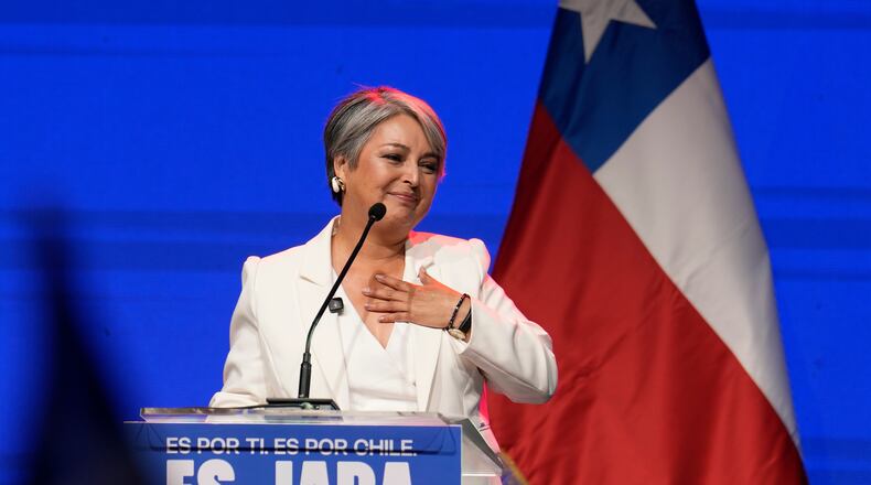 Presidential candidate Jeannette Jara of the Unidad por Chile coalition addresses supporters after early results in the general elections in Santiago, Chile, Sunday, Nov. 16, 2025. (AP Photo/Natacha Pisarenko)