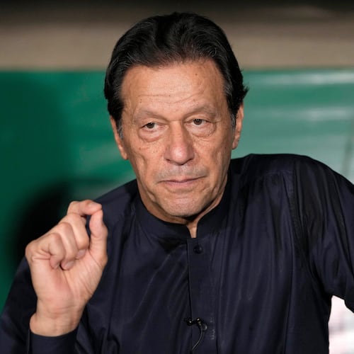 FILE - Pakistan's former Prime Minister Imran Khan gives a press conference at his home, in Lahore, Pakistan, on May 18, 2023. (AP Photo/K.M. Chaudary, File)