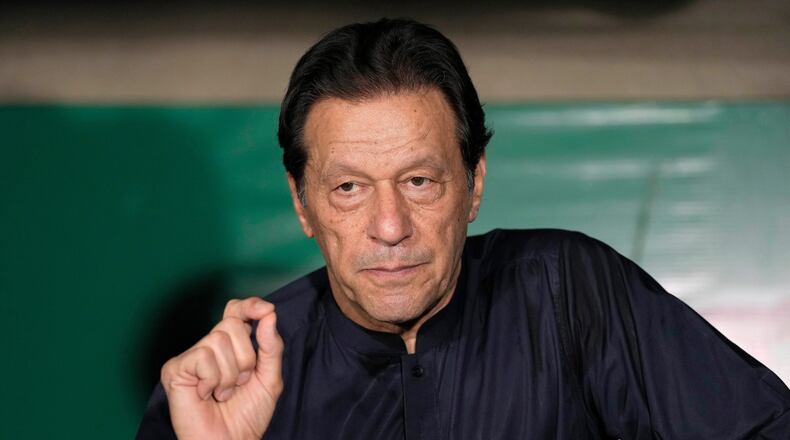 FILE - Pakistan's former Prime Minister Imran Khan gives a press conference at his home, in Lahore, Pakistan, on May 18, 2023. (AP Photo/K.M. Chaudary, File)