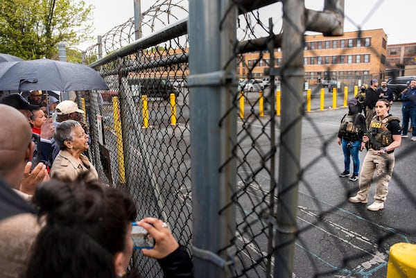 Rep. Bonnie Watson Coleman, D-N.J., speaks with an officer demanding she be let into the ICE Detention office after the arrest of Newark Mayor Ras Baraka, Friday, May 9, 2025, in Newark, N.J. (AP Photo/Angelina Katsanis)