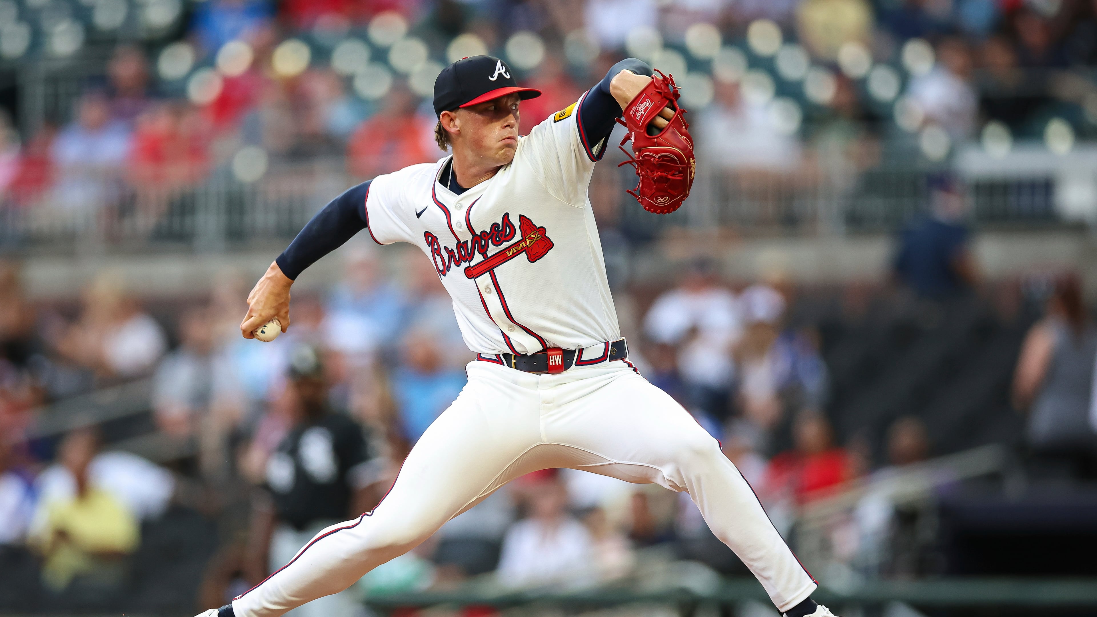 Atlanta Braves pitcher Hurston Waldrep delivers in the first inning of a baseball game against the Chicago White Sox, Wednesday, Aug. 20, 2025, in Atlanta. (AP Photo/Colin Hubbard)