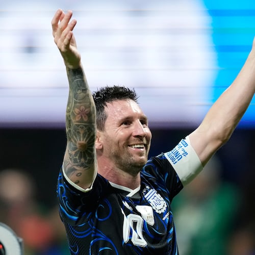 Argentina's Lionel Messi gestures to the fans at the end of the World Cup semifinal soccer match between England and Argentina in Atlanta, Wednesday, July 15, 2026. (AP Photo/Rebecca Blackwell)