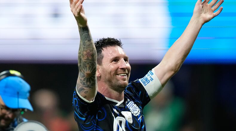 Argentina's Lionel Messi gestures to the fans at the end of the World Cup semifinal soccer match between England and Argentina in Atlanta, Wednesday, July 15, 2026. (AP Photo/Rebecca Blackwell)