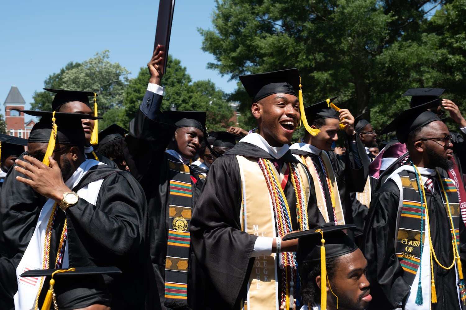 Morehouse College graduates celebrate after turning their tassels during graduation Sunday, May 17, 2026. (Ben Gray for the AJC)