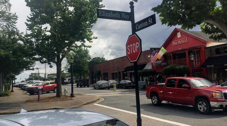 Elizabeth Way at Canton Street is in the heart of historic downtown Roswell. (Ben Brasch/AJC)