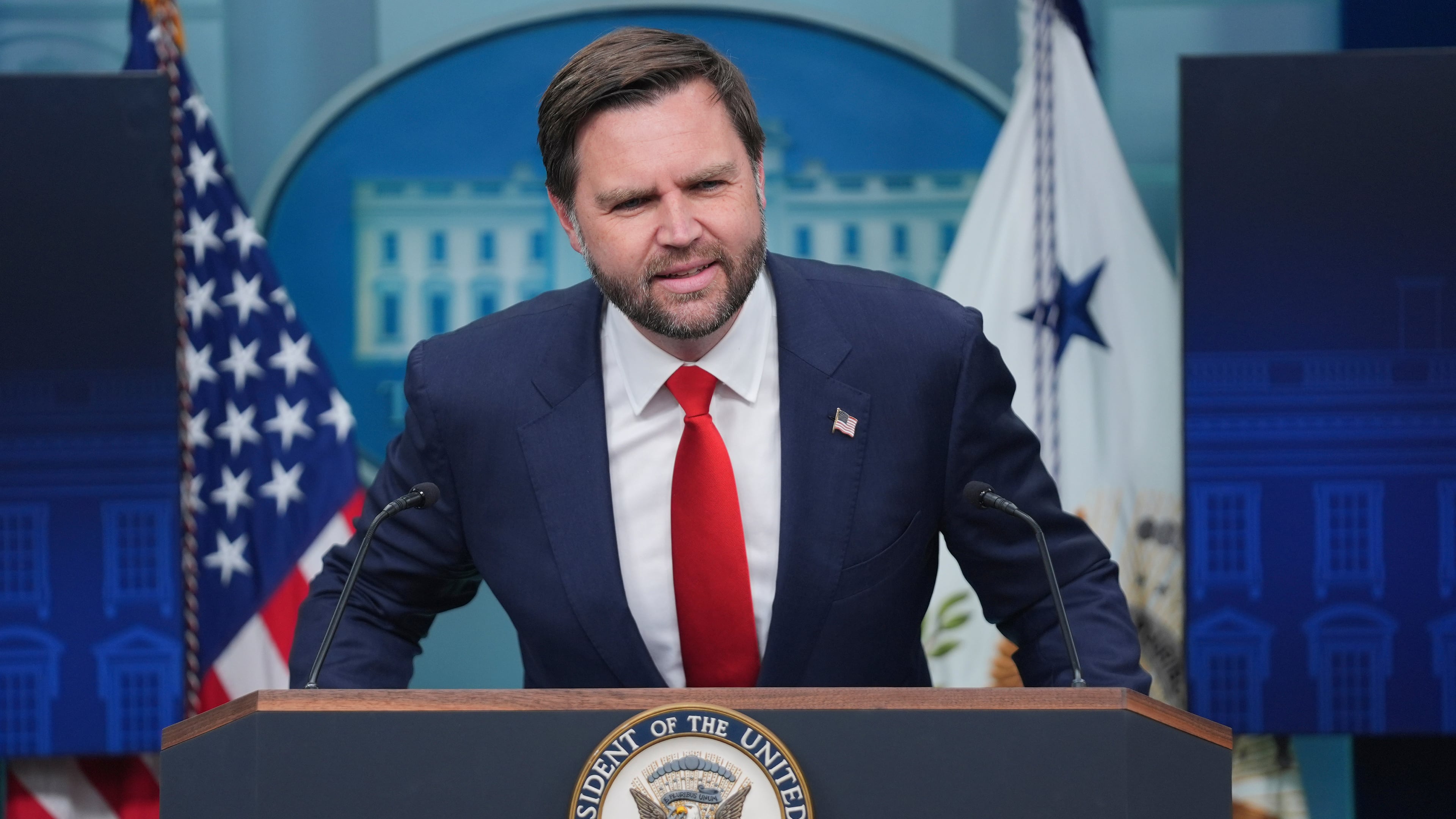 Vice President JD Vance speaking with reporters in the James Brady Press Briefing Room at the White House, Wednesday, Oct. 1, 2025, in Washington. (AP Photo/Evan Vucci)