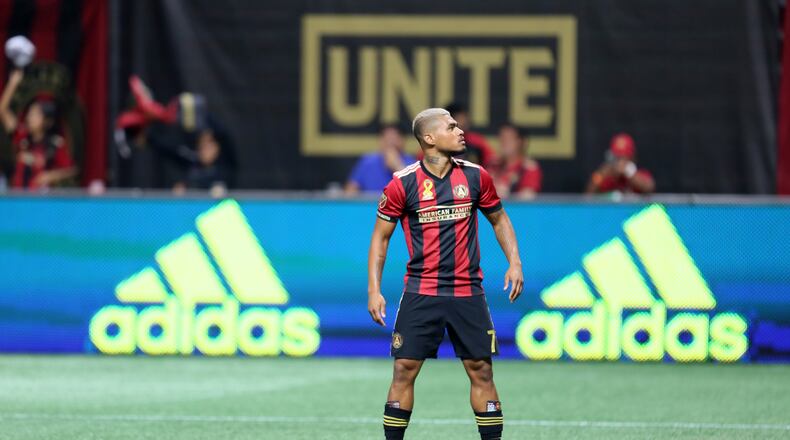 September 20, 2017 Atlanta: Atlanta United forward Josef Martinez turns to the stands after he scored the first goal for his team.