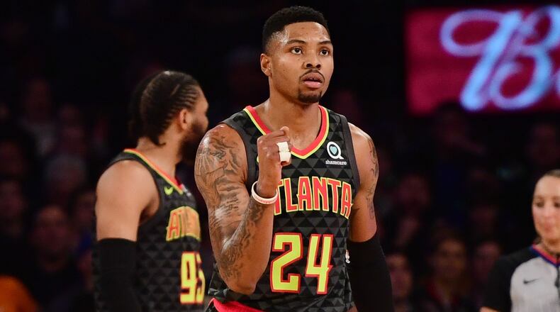 Kent Bazemore of the Atlanta Hawks reacts during the second quarter of the game against New York Knicks at Madison Square Garden on December 21, 2018 in New York City.