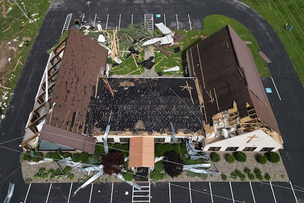 Redeemer Lutheran Church is damaged, Sunday, May 18, 2025, along Highway 27 in Somerset, Ky., after a severe storm passed through the area. (AP Photo/Carolyn Kaster)