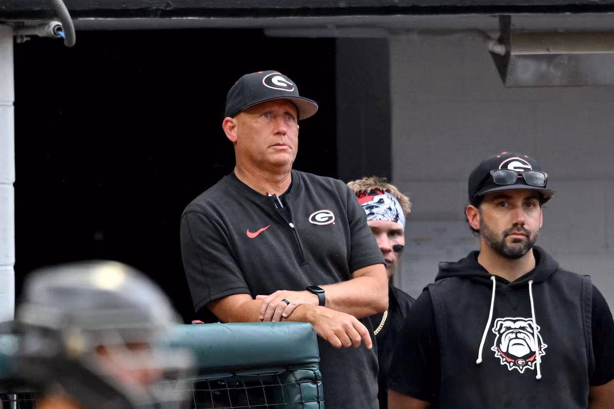 Georgia head coach Wes Johnson watches during the fifth inning of their NCAA Regional game at Foley Field, Friday, May 29, 2026, in Athens. (Hyosub Shin/AJC)