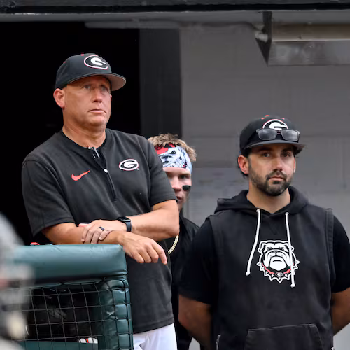 Georgia head coach Wes Johnson watches during the fifth inning of their NCAA Regional game at Foley Field, Friday, May 29, 2026, in Athens. (Hyosub Shin/AJC)