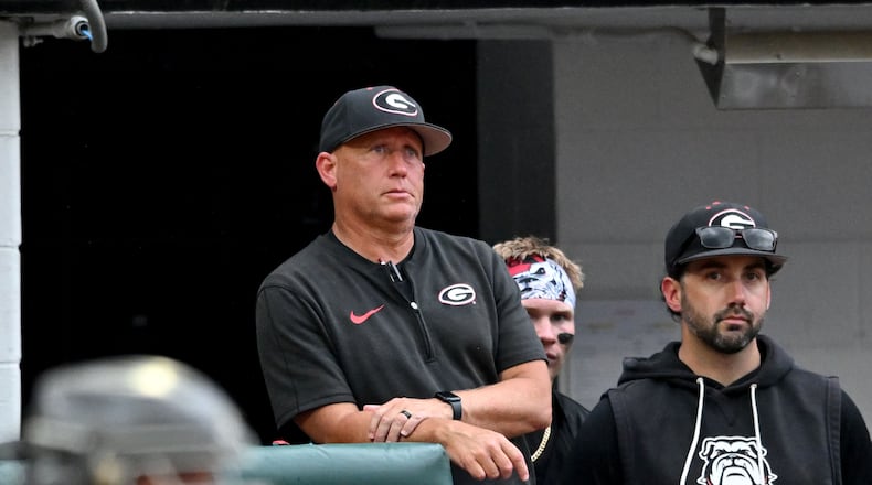 Georgia head coach Wes Johnson watches during the fifth inning of their NCAA Regional game at Foley Field, Friday, May 29, 2026, in Athens. (Hyosub Shin/AJC)
