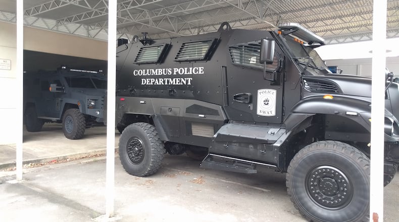 A Columbus Police Department "mrap," a former military vehicle that can be used for rescues in flooded streets.