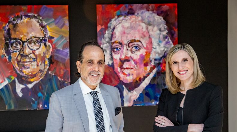 Attorneys Drew Findling, from left, and Marissa Goldberg are in the Findling Law Firm lobby in Buckhead on Wednesday, March 29, 2023.  (Jenni Girtman for The Atlanta Journal-Constitution)