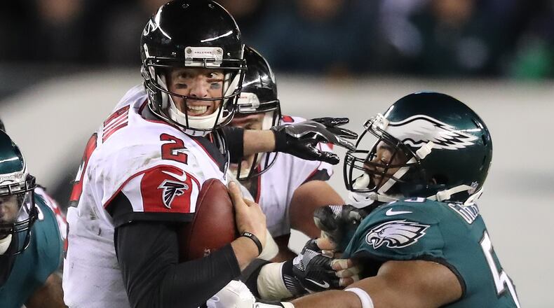 Eagles defensive end Brandon Graham sacks Falcons Matt Ryan during the second half in their NFC Divisional Game on Saturday, January 13, 2018, in Philadelphia. (Curtis Compton/ccompton@ajc.com)