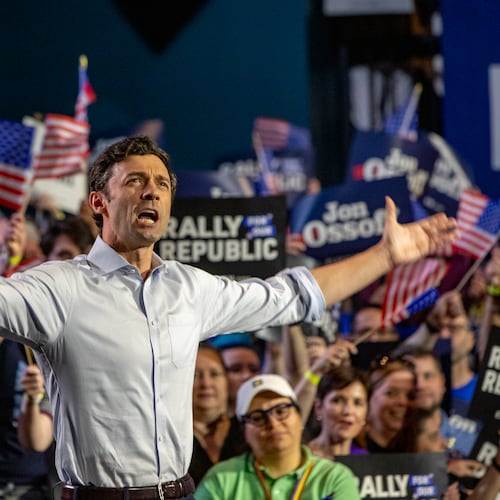Sen. Jon Ossoff, D-Ga., holds a “Rally for the Republic” at The Eastern on Saturday, March 22, 2025. (Jenni Girtman for the AJC)
