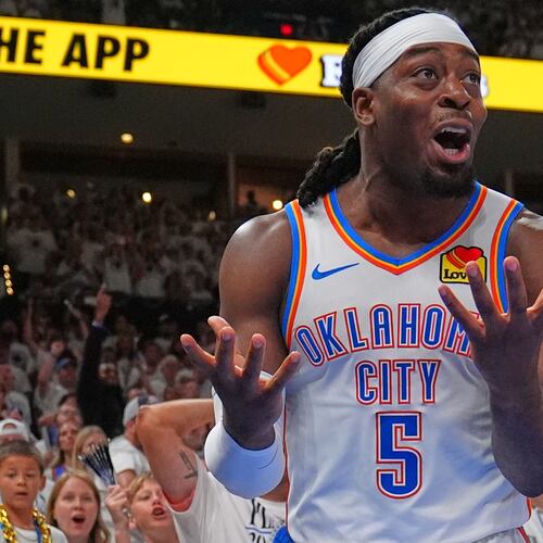 FILE - Oklahoma City Thunder guard Luguentz Dort (5) reacts to a foul in the second half of Game 5 in the Western Conference finals NBA basketball playoffs series against the San Antonio Spurs, May 26, 2026, in Oklahoma City. (AP Photo/Julio Cortez, File)