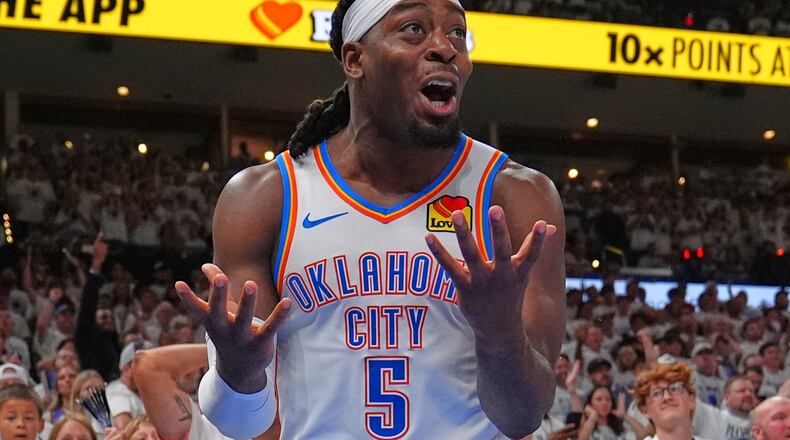 FILE - Oklahoma City Thunder guard Luguentz Dort (5) reacts to a foul in the second half of Game 5 in the Western Conference finals NBA basketball playoffs series against the San Antonio Spurs, May 26, 2026, in Oklahoma City. (AP Photo/Julio Cortez, File)