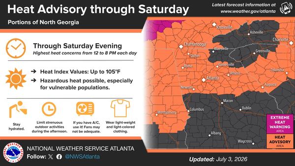 A heat advisory will remain in effect through 8 p.m. Saturday. (Courtesy of NWS)