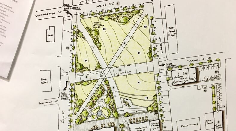 Avondale Estates resident Sheri Locke’s design for four city-owned acres off North Avondale Road include two acres of green space with crisscrossing pathways, a terraced lawn and a pedestrian street bisecting the green. Two buildings fronting North Avondale will house, according to the plan, several restaurants and retail stores. Commissioners, however, are trying to figure out how to pay for this. Bill Banks file photo for the AJC