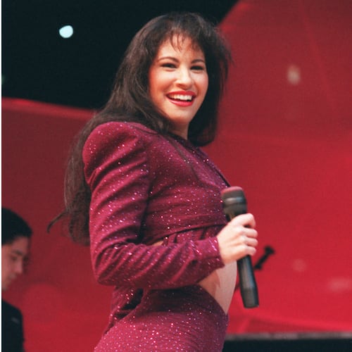 FILE - Tejano singer Selena Quintanilla performs at the Astrodome during the Houston Livestock Show and Rodeo on Feb. 26, 1995. (John Everett/Houston Chronicle via AP)