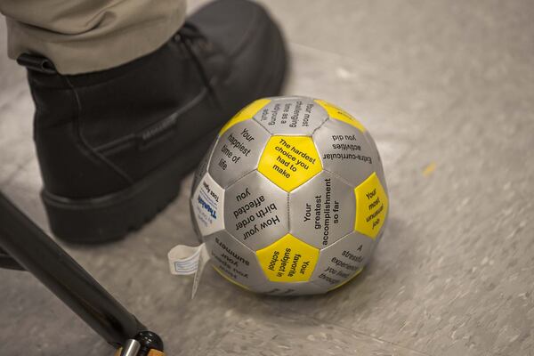 A conversation ball is used during a Project Safe Neighborhood class, which assists in reform for self-proclaimed gang members at the Metro Reentry Facility, part of the Georgia Department of Corrections, near Atlanta on March 11, 2020. (Alyssa Pointer/Alyssa.Pointer@AJC.com)