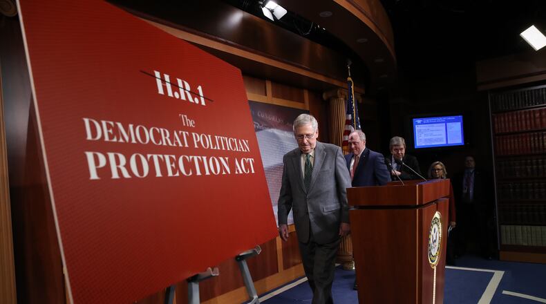 Senate Majority Leader Mitch McConnell, followed by Republican leadership, arrives for a press conference on  H.R. 1,  House Democrats' elections and ethics overhaul,  on March 6, 2019. (Photo by Win McNamee/Getty Images)