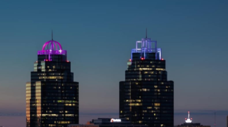 The King & Queen buildings in Sandy Springs will join Mercedes-Benz Stadium, Hartsfield-Jackson Airport International Terminal, and Atlanta City Hall by turning their lighting purple to bring awareness to preterm births. (Courtesy The King & Queen buildings of Concourse at Landmark Center)