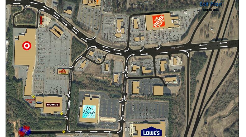 Woodstock has posted the traffic plan for motorists exiting the Fourth of July fireworks display; no left turns onto Ga. 92 will be allowed. CITY OF WOODSTOCK