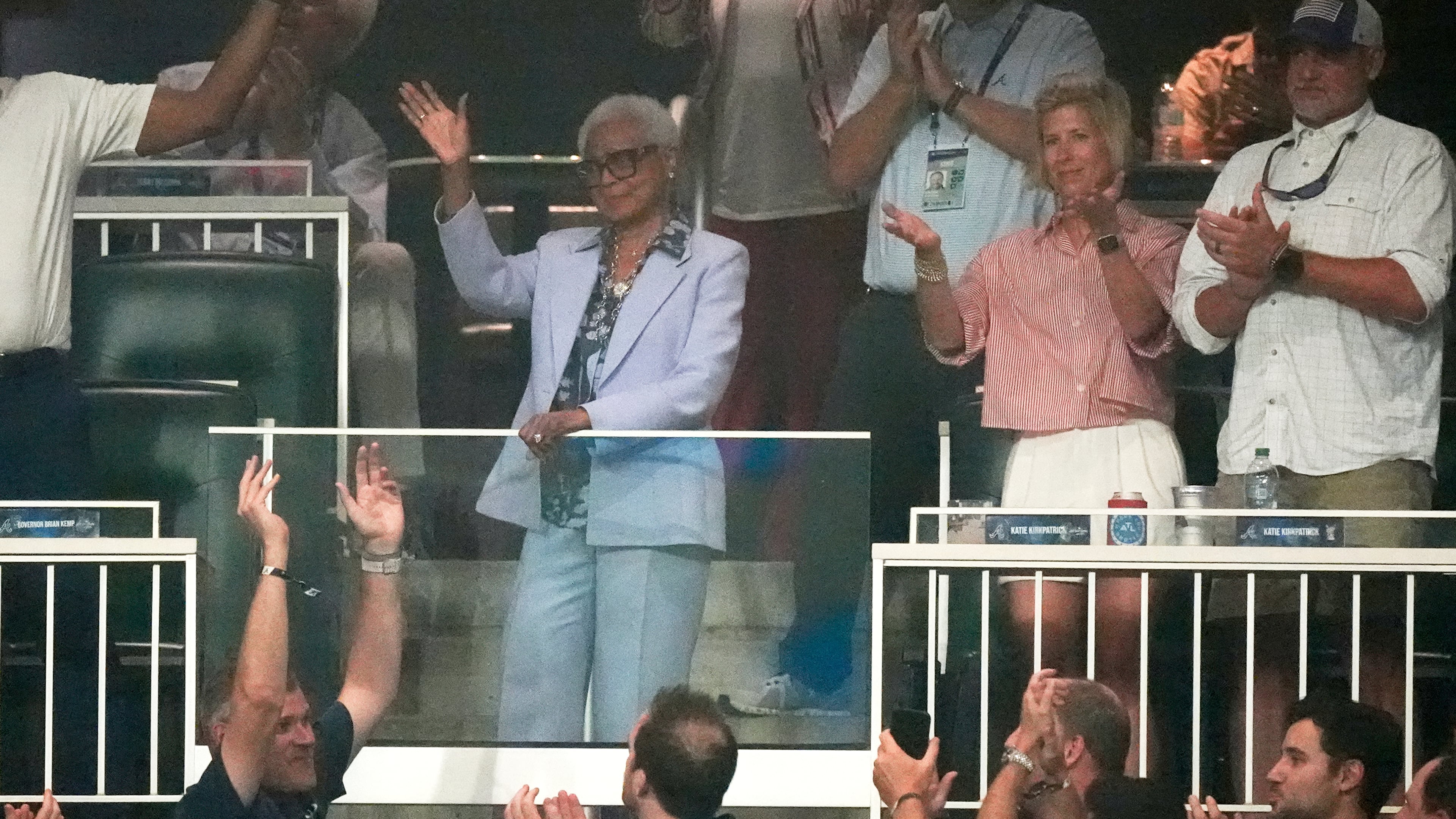 Billye Aaron, wife of baseball great Hank Aaron, waves during the MLB All-Star Game on Tuesday, July 15, 2025, in Atlanta. (Mike Stewart/AP)