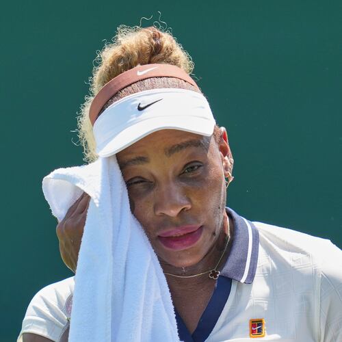 Serena Williams of the United States wipes sweat during a practice session ahead of the Wimbledon Tennis Championships, in London, Wednesday, June 24, 2026. (AP Photo/Kin Cheung)