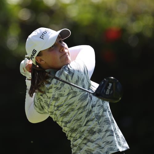 Jennifer Kupcho hits off the 11th tee the during the first round of the U.S. Women's Open golf tournament Thursday, June 4, 2026, in the Pacific Palisades area of Los Angeles. (AP Photo/Jessie Alcheh)