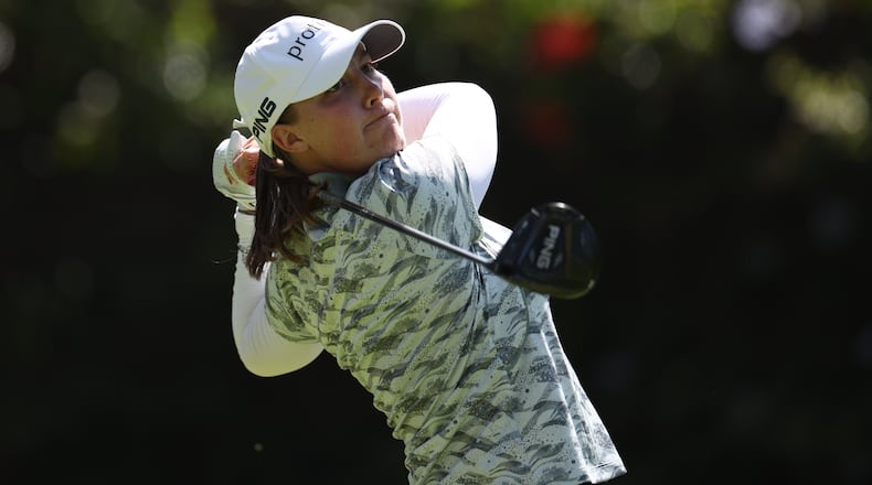 Jennifer Kupcho hits off the 11th tee the during the first round of the U.S. Women's Open golf tournament Thursday, June 4, 2026, in the Pacific Palisades area of Los Angeles. (AP Photo/Jessie Alcheh)
