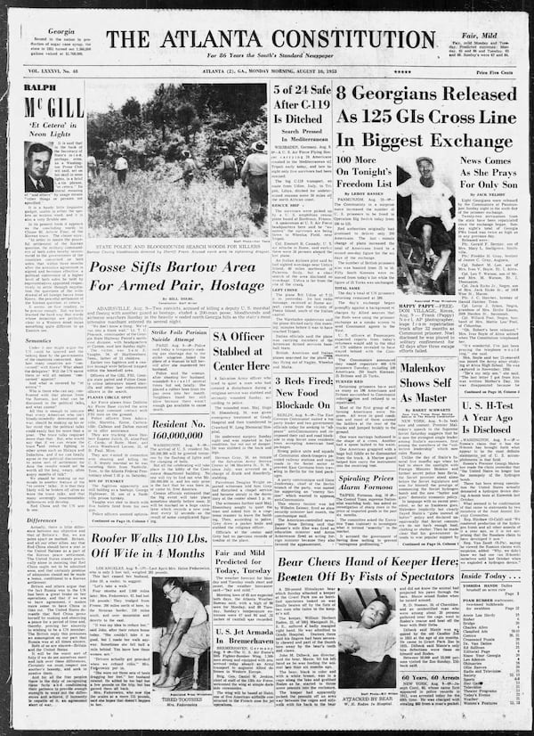 The Atlanta Constitution front page on Aug. 10, 1953.