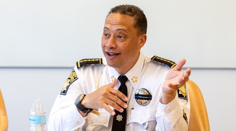 Sheriff Patrick Labat talks at an editorial board meeting in Atlanta on Wednesday, February 21, 2024. (Steve Schaefer/steve.schaefer@ajc.com)