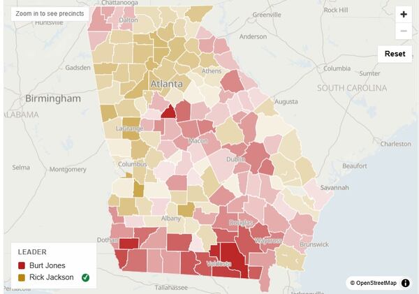 A map of election results in Georgia's Republican primary for governor. (Charles Minshew/AJC)